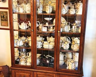 China Cabinet full of Hall China Jewel tea autumn leaf collection 100's of pieces (some not shown, still in totes).