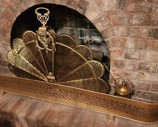 HUGE Mid Century Solid Brass Fireplace Screen | Antique Brass Retractable Peacock Fan