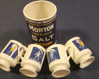 Morton Salt Girl Mugs Complete Set of 4 When It Rains It Pours Commemorative & Morton Salt Utensil Container