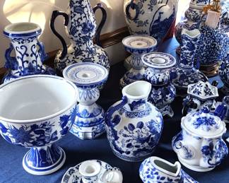 Blue and White Porcelain Pottery Dishware Collectibles (Couple of folding tables that are full of the Blue/White Collections)