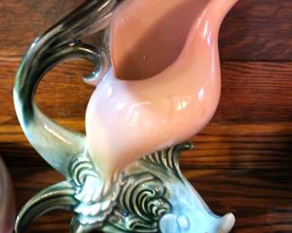 Circa 1954 Hull Pottery 8" Ebb Tide Seashell Pitcher Vase with Fish Pink Shell Blue Green Fish