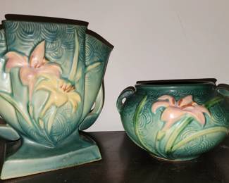 Roseville Evergreen Zephyr Lily Vase Double Handle Mid Century 1949 Vintage Pottery Home Decor USA FLAWLESS Blue-Green and Medium Size Roseville Two Handle Pottery Bowl