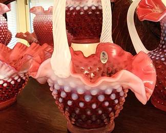 Fenton Glass Red Cranberry Opalescent Hobnail Swirl Spiral Optic Basket w/ Applied White Opalescent Handle