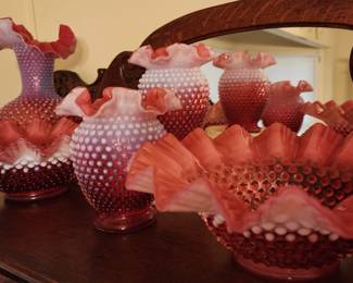 Vintage Fenton Cranberry Opalescent Hobnail Vases/Bowls Different Designs