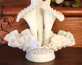 Vintage Fenton White Hobnail Milk Glass Epergne Vase Ruffled Bowl