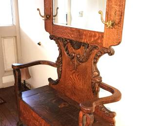 Vintage Oak Mirrored Hall Tree/Bench