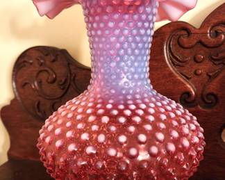 Vintage Fenton Cranberry Opalescent Hobnail 10 1/2" Vase with Double Crimped/ Ruffled Top