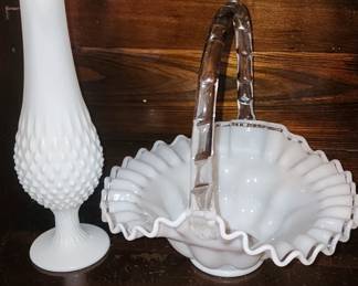 FENTON Glass White Silver Crest Basket & Fenton Hobnail Swung Milk Glass Vintage Pedestal Vase 15” 