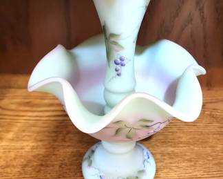 Hand Painted and Signed Fenton Custard Glass Sm Epergne 