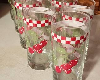 Set of Nine Vintage Archor & Hocking Cherry and Checker Juice Glasses