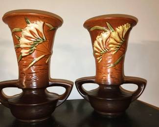 Pair of Roseville Pottery Freesia Brown Vases