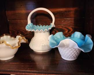 Vintage Kanawha Glass Leaf Design Blue Cased Glass Milk Glass Basket Ruffled Rim & Bowl