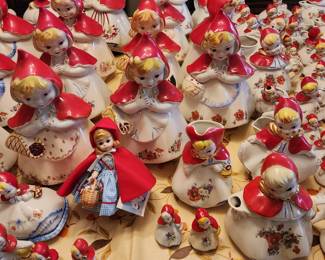 Antique Hull Ware Ceramic Little Red Riding Hood Cookie Jar, Tea Pot, Creamer (+ other pieces not mentioned) 