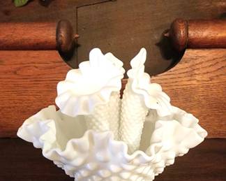 Vintage White Fenton Hobnail Milk Glass 3 Horn Epergne. 10 1/2”
