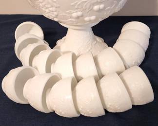  White Milk Glass Pedestal Fruit Pattern Punch Bowl Set