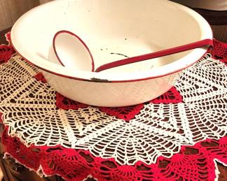 Vintage Bowl Red and White Enamelware Bowl or Basin