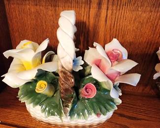 Vintage Capodimonte Roses Ceramic Flowers Basket Centerpiece Italy Marked