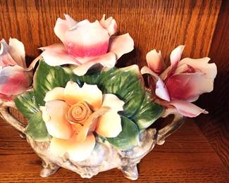 Vintage Capodimonte Roses Ceramic Flowers Basket Centerpiece Italy Marked