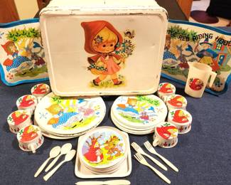  Vintage Little Red Riding Hood Tin Kids Dishes Play Tea Set Tray Plates Cups with Lunch Box