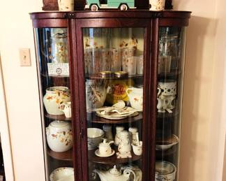 Rounded Glass Dark Wook Curio Cabinet full of Hall China Jewel tea autumn leaf collection 100's of pieces (some not shown, still in totes).