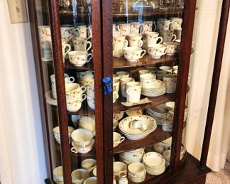 Beautiful Dark Wood Curio Cabinet full of Hall China Jewel tea autumn leaf collection 100's of pieces (some not shown, still in totes).