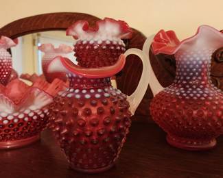 Vintage Fenton Cranberry Opalescent Hobnail Vases/Bowls Different Designs