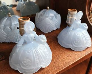 VINTAGE PAIR (2) TABLE BOUDOIR LAMP - SOUTHERN BELLE LADY - BLUE GLASS