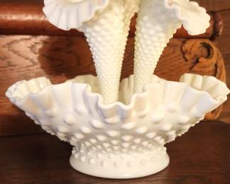 Vintage Fenton White Hobnail Milk Glass Epergne Vase Ruffled Bowl