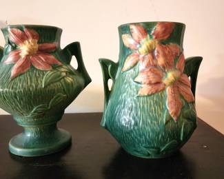 Two Roseville Green Clematis Vase MINT Condition