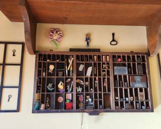 Shelf on wall above the vintage tray with collectibles & shelf has vintage ball jars that have been moved down 