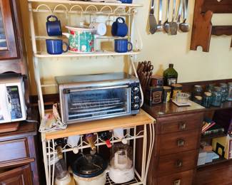 Metal & wooden shelf, microwave, coffee cups & more!