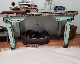 Wooden table with glass top & miscellaneous 