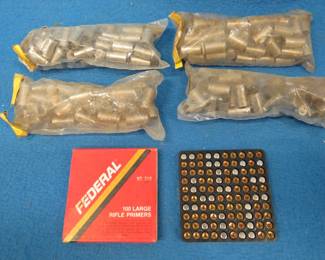 Lot 395. Approx. 200 9mm casings and a box of 100 Federal {{{}}{#}{}}210 primers