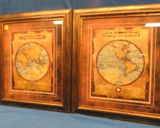 Lot 289. Framed and matted Vintage Global Maps 1 and II, 21" x 25" ready to be hung