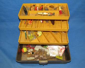 Lot 355. Ted Williams tackle box in poor condition full of old baits including wooden lures and glass eyes