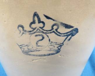 Lot 123. 2-gallon Robinson Ransbottom crock, small stoneware bowl, and a covered stoneware jar with a non-fitting bailed handle