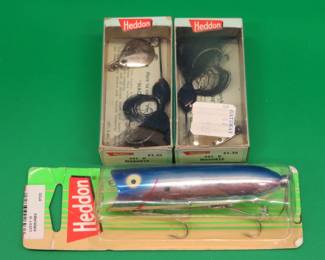 Lot 169. Heddon NIP 3 1/2" Lucky 13, and two NIP Heddon Machete 401B Spinners with boxes and papers