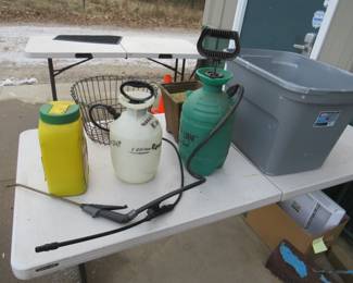 Lot 311. Egg basket, Preen, two sprayers, and a tote