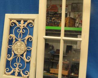 Lot 290. Four-pane window-style 32" X 15" mirror and a 13 1/2" x 23 1/2" decorative metal wall art