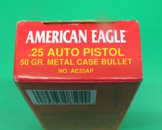Lot 247. One box of 50 American eagle .25 auto pistol rounds