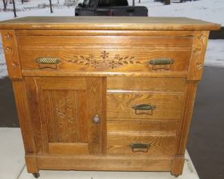 Lot 387. Two oak spoon-carved antiques. 46" tall mirror in a frame and a 32" x 29" x 17" wash stand