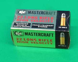 Lot 206. {{{}}{#}{}}Box of 50 Coast to Coast Mastercraft .22LR rounds in a like-new box