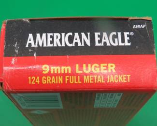 Lot 243. One box of 50 American Eagle 9mm Luger rounds
