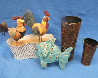 Lot 231. Metalware rooster and hen, three vases, and metal fish. The rooster is bobbles on a spring and the fish holds a small candle.