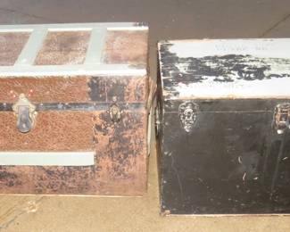 Lot 388. Vintage metal-skinned trunk and a heavy-duty wooden box