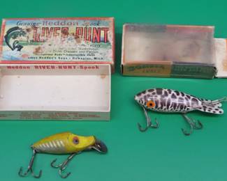 Lot 165. Heddon Midgit River Runt in a box marked 9010 XRY, and a bomber and a box labeled 301