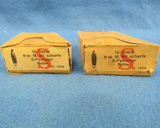 Lot 18. WW2 German 8mm ammo in original boxes.  Dated 1938.  Includes waffenampt stamp.  Two boxes of 10 each with stripper clips.