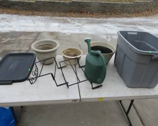 Lot 328. Flower pots, metal flower pot shelves, and tote