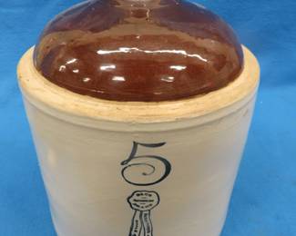 Lot 120. Vintage 5-gallon stoneware jug in excellent condition from the Buckeye Pottery Co.