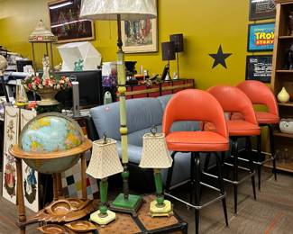 Uranium Glass Lamps, MCM Bar Stools, Vintage Globe